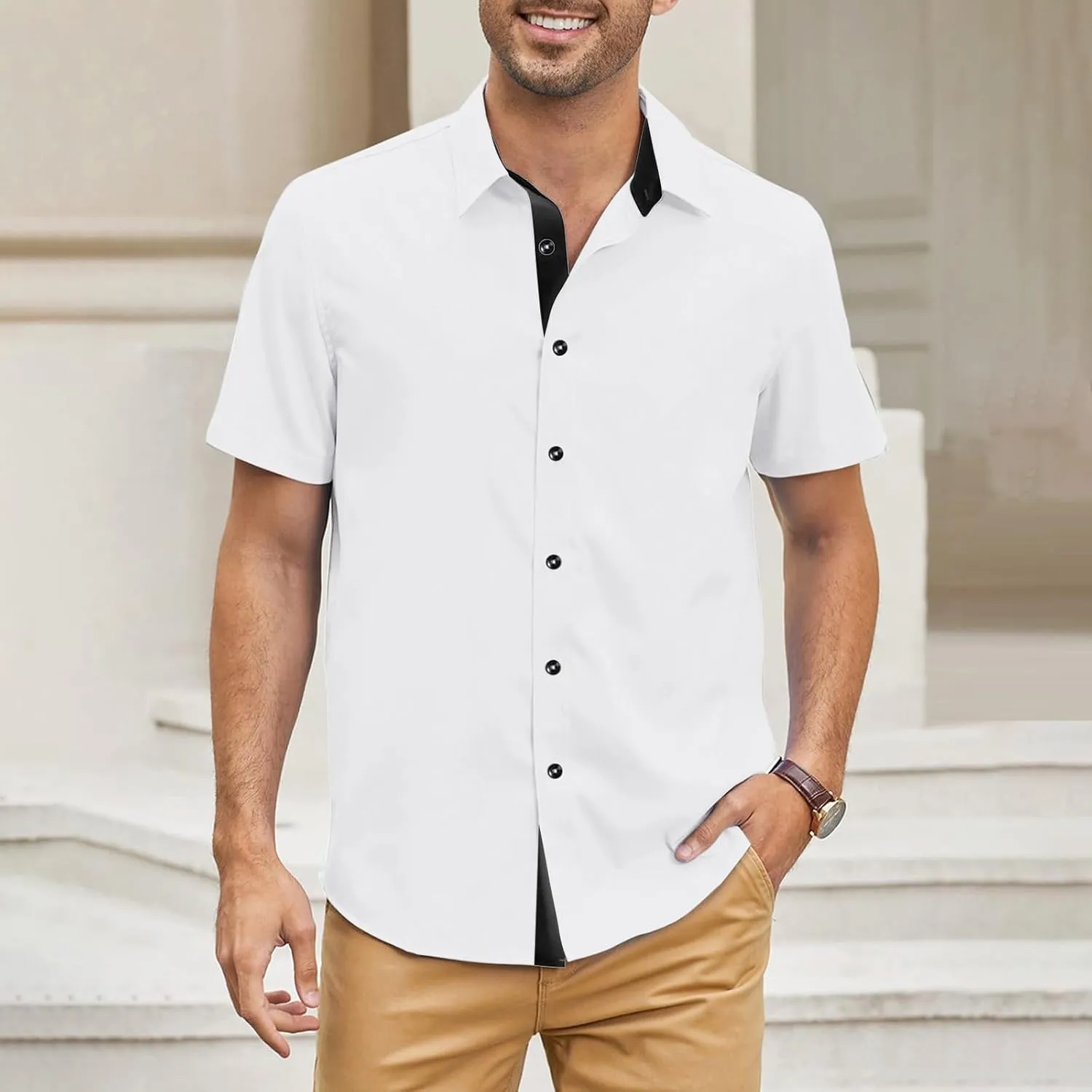 Mens Casual Button Down Shirts Wrinkle-Free Short Sleeve Business Dress Shirt Summer Fashion Collared Vacation Blouse