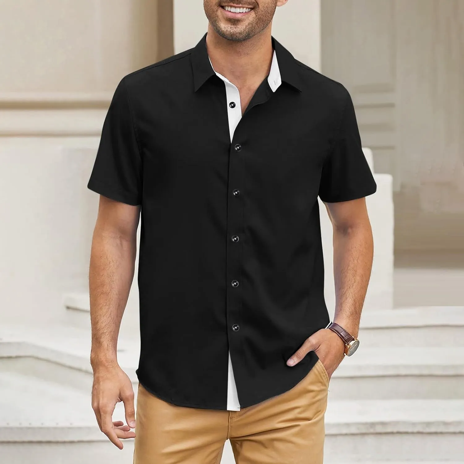 Mens Casual Button Down Shirts Wrinkle-Free Short Sleeve Business Dress Shirt Summer Fashion Collared Vacation Blouse