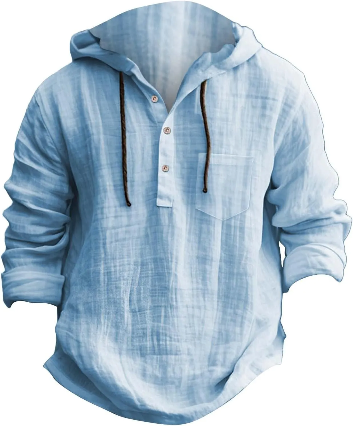 Mens Casual Hooded Linen Shirts Fashion Summer Long Sleeved Button Down Solid Color T Shirt Loose Beach Vacation Tops