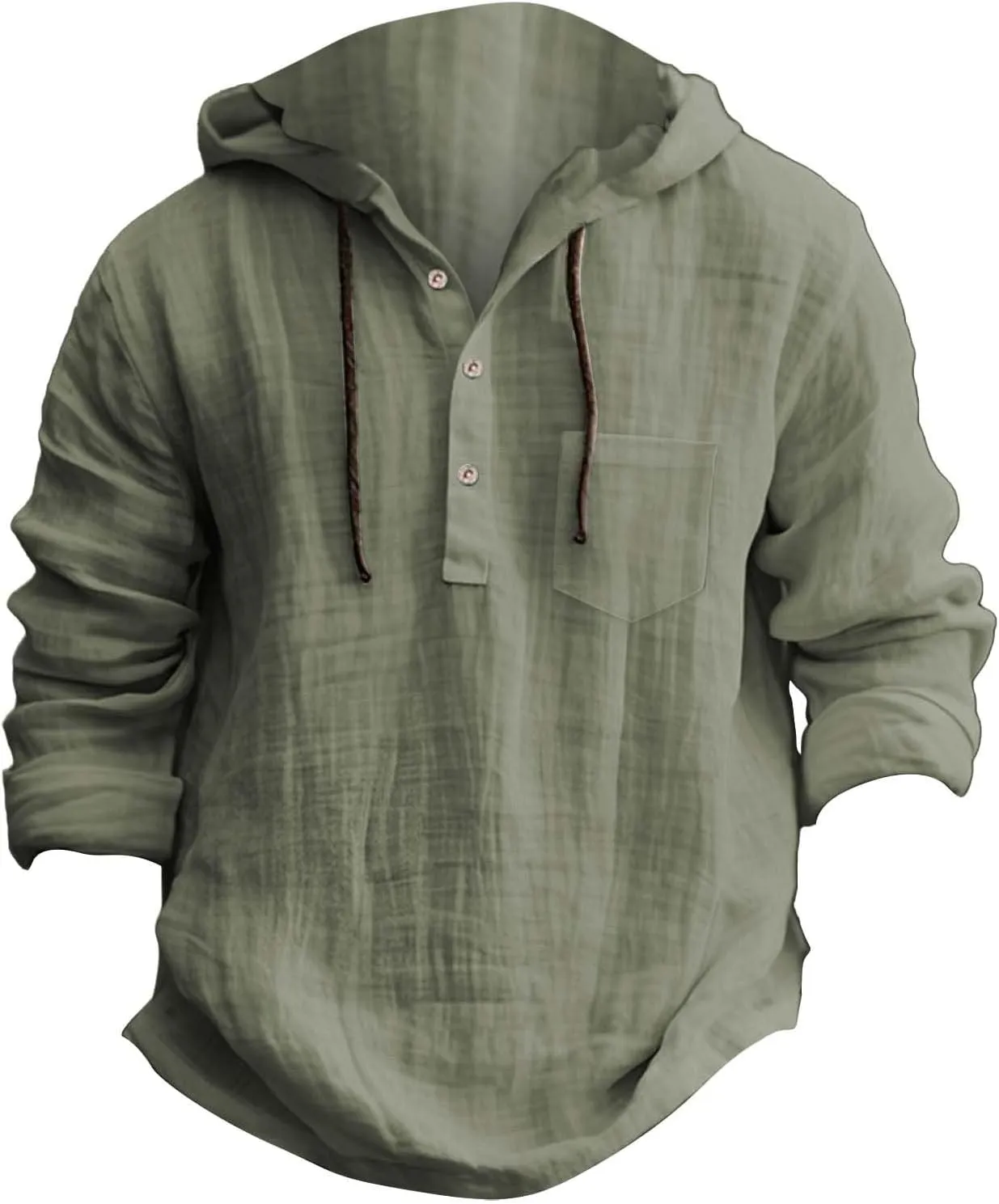 Mens Casual Hooded Linen Shirts Fashion Summer Long Sleeved Button Down Solid Color T Shirt Loose Beach Vacation Tops