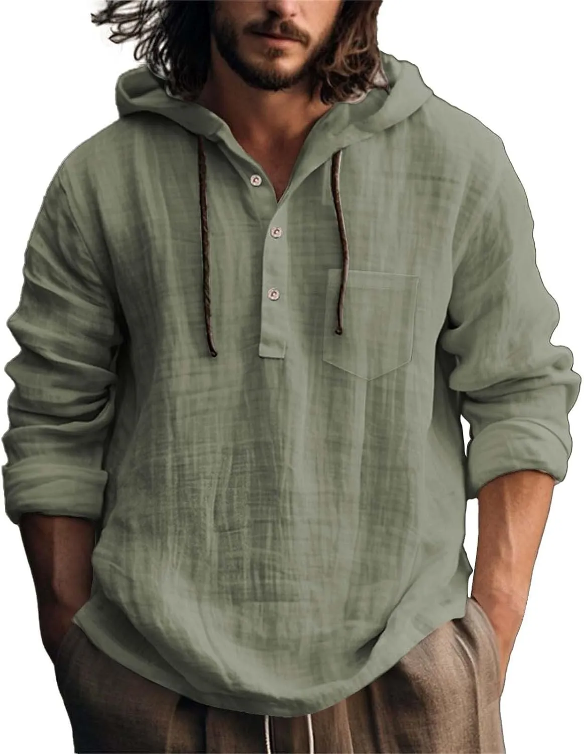 Mens Casual Hooded Linen Shirts Fashion Summer Long Sleeved Button Down Solid Color T Shirt Loose Beach Vacation Tops