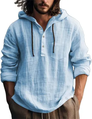 Mens Casual Hooded Linen Shirts Fashion Summer Long Sleeved Button Down Solid Color T Shirt Loose Beach Vacation Tops