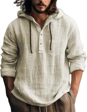 Mens Casual Hooded Linen Shirts Fashion Summer Long Sleeved Button Down Solid Color T Shirt Loose Beach Vacation Tops