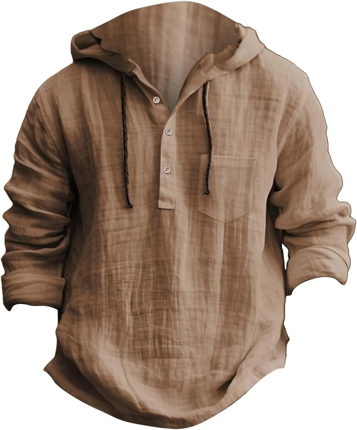 Mens Casual Hooded Linen Shirts Fashion Summer Long Sleeved Button Down Solid Color T Shirt Loose Beach Vacation Tops