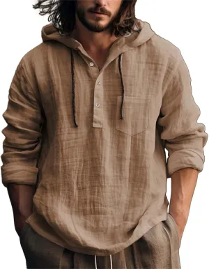 Mens Casual Hooded Linen Shirts Fashion Summer Long Sleeved Button Down Solid Color T Shirt Loose Beach Vacation Tops