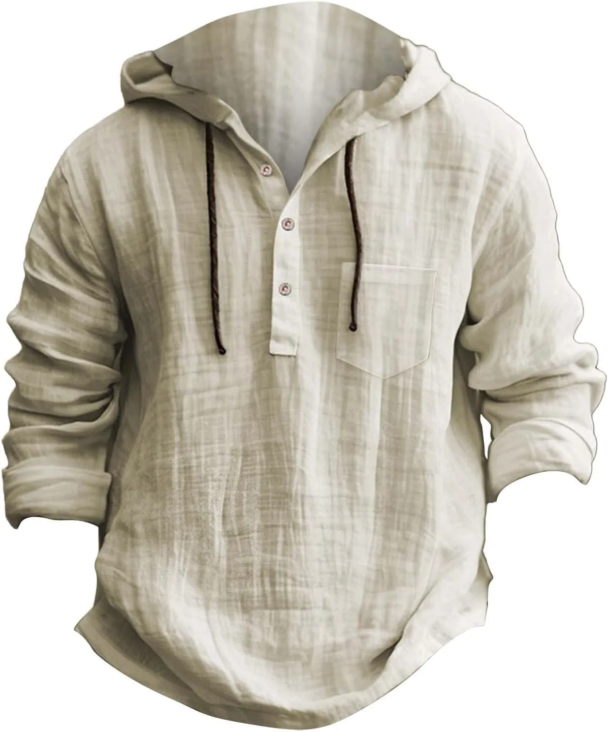 Mens Casual Hooded Linen Shirts Fashion Summer Long Sleeved Button Down Solid Color T Shirt Loose Beach Vacation Tops