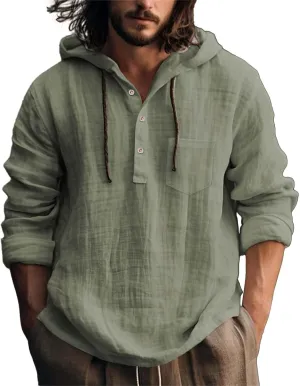 Mens Casual Hooded Linen Shirts Fashion Summer Long Sleeved Button Down Solid Color T Shirt Loose Beach Vacation Tops