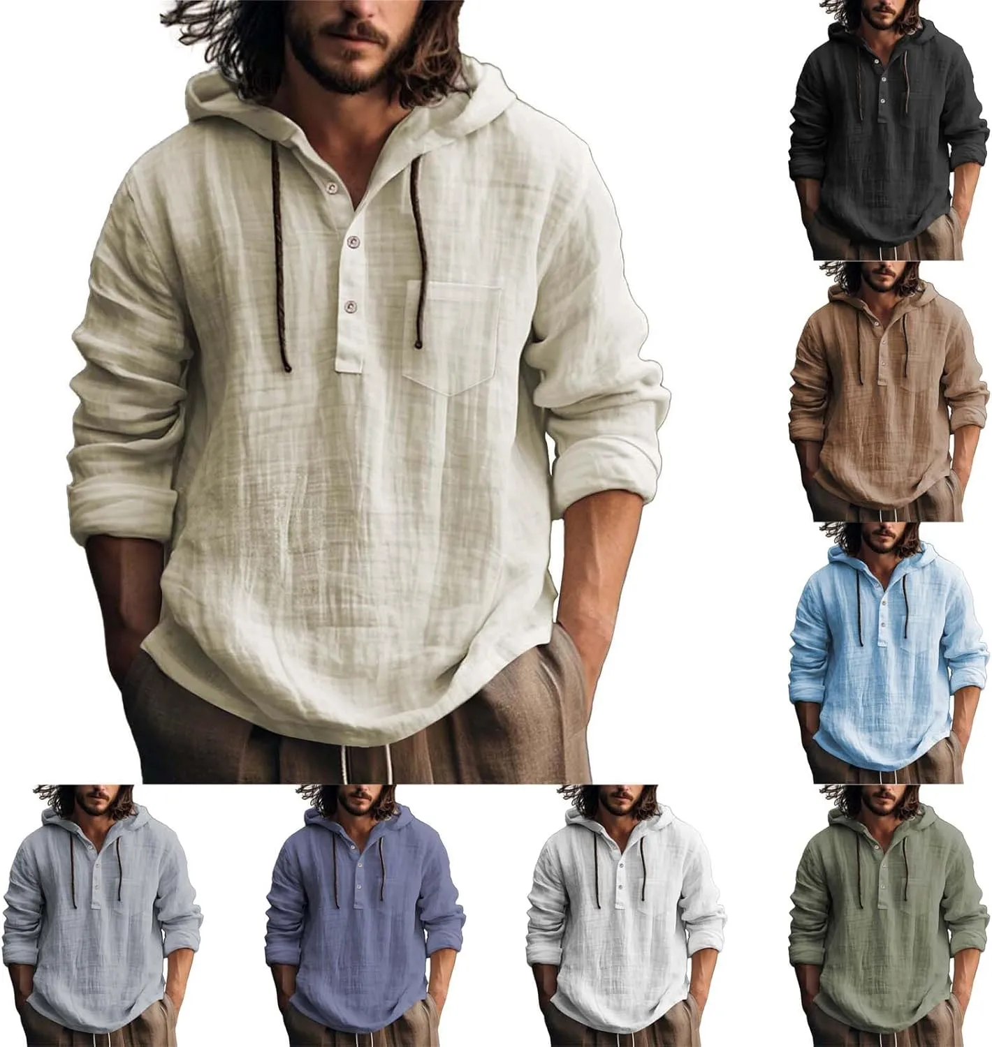 Mens Casual Hooded Linen Shirts Fashion Summer Long Sleeved Button Down Solid Color T Shirt Loose Beach Vacation Tops