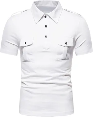Mens Casual Polo Shirts Classic Button Basic Short Sleeve Shirt Solid Cotton Golf Stylish Slim Fit Tops with Pockets