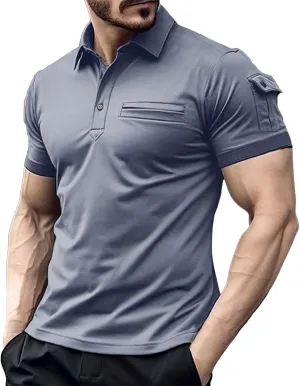 Men's Casual Polo Shirts Classic Short Sleeve Lapel Golf Shirt Fashion Slim Fit Button Down Sports Tops with Pockets