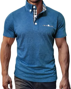 Mens Casual Slim Fit Polo Shirts Short Sleeve Classic Lapel Collar Quarter Button Tops Cotton Breathable Muscle Shirt