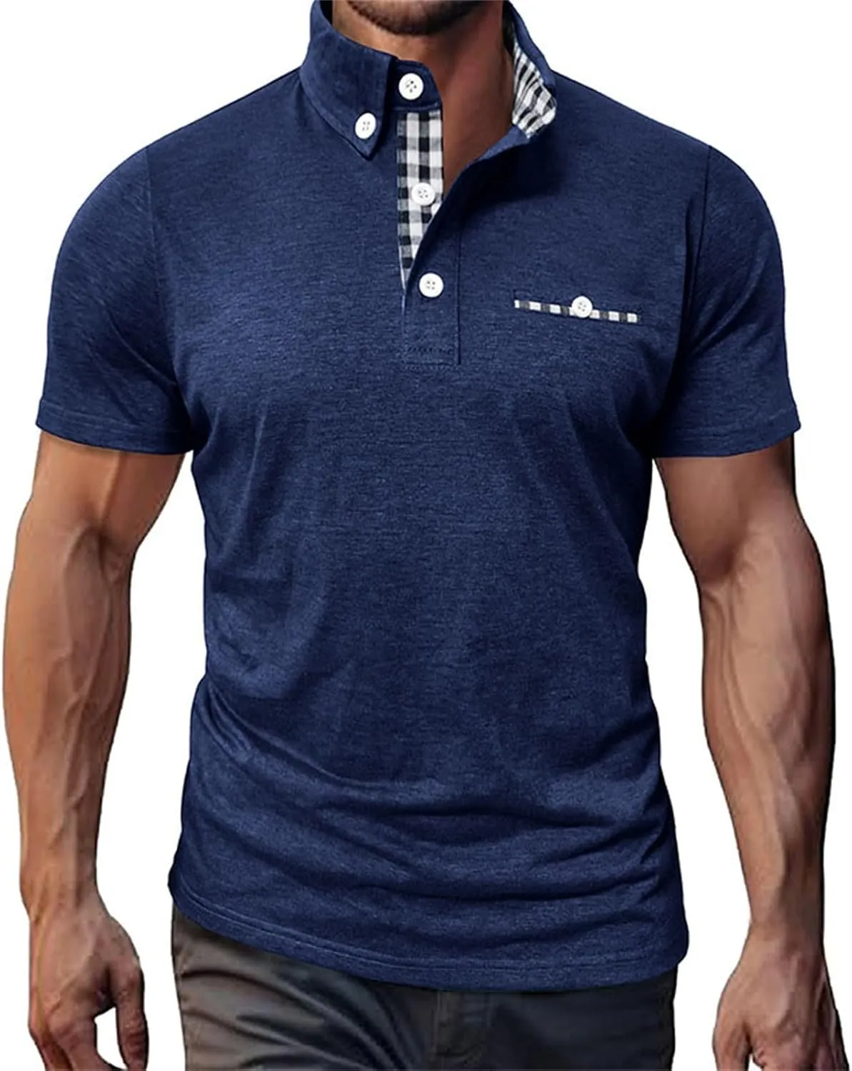 Mens Casual Slim Fit Polo Shirts Short Sleeve Classic Lapel Collar Quarter Button Tops Cotton Breathable Muscle Shirt