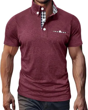 Mens Casual Slim Fit Polo Shirts Short Sleeve Classic Lapel Collar Quarter Button Tops Cotton Breathable Muscle Shirt