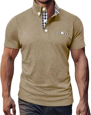 Mens Casual Slim Fit Polo Shirts Short Sleeve Classic Lapel Collar Quarter Button Tops Cotton Breathable Muscle Shirt
