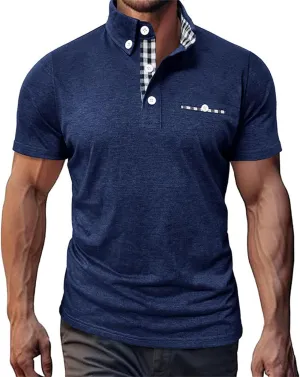 Mens Casual Slim Fit Polo Shirts Short Sleeve Classic Lapel Collar Quarter Button Tops Cotton Breathable Muscle Shirt