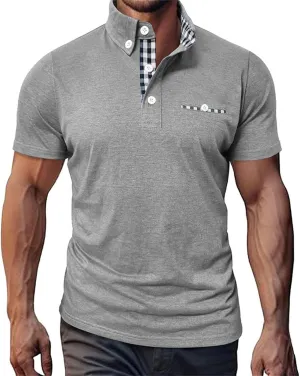 Mens Casual Slim Fit Polo Shirts Short Sleeve Classic Lapel Collar Quarter Button Tops Cotton Breathable Muscle Shirt