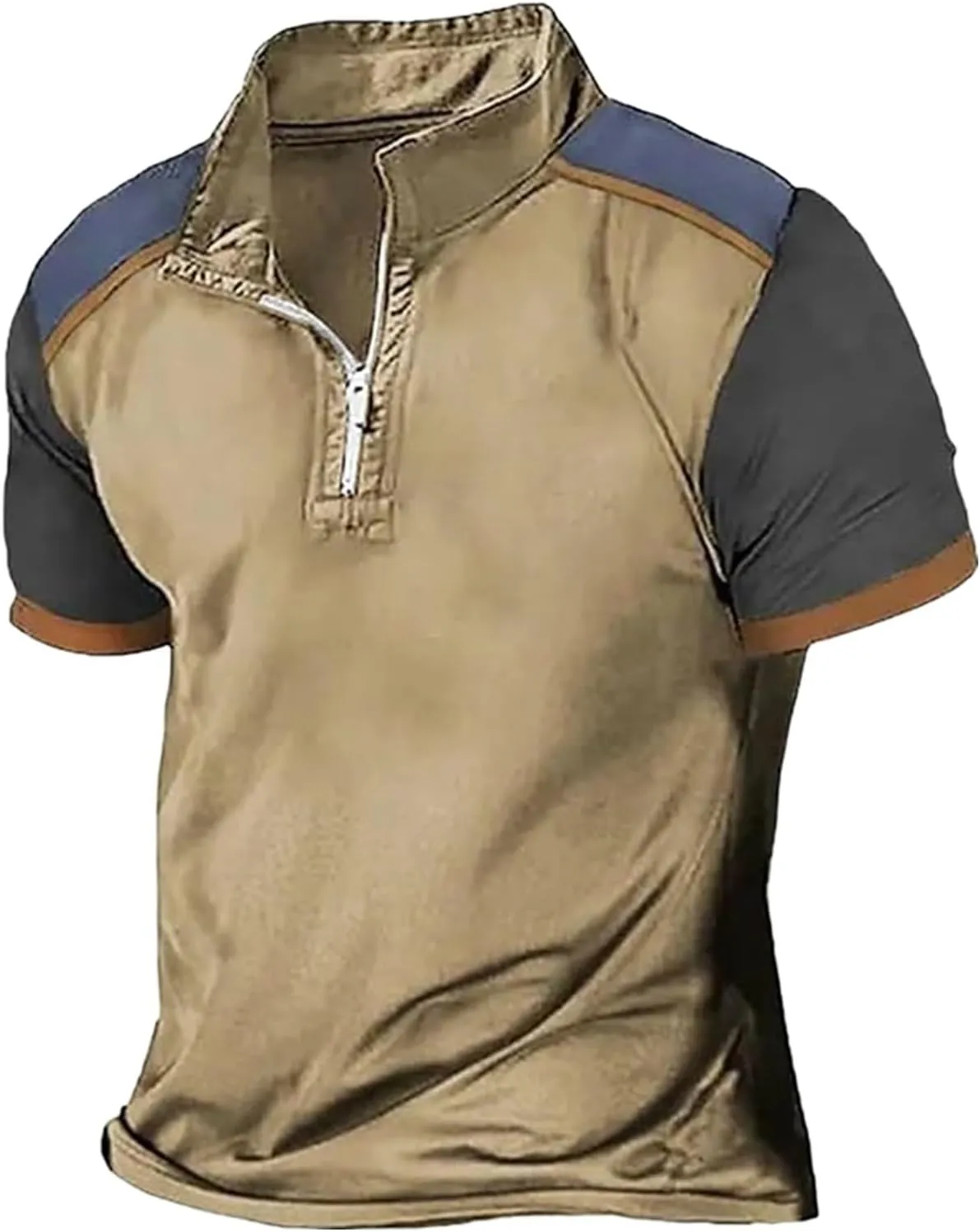 Mens Color Block Polo Shirts Zipper Neck Short Sleeve Casual Slim Fit Tennis Golf Tops Summer Muscle Athletic T Shirt