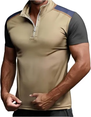 Mens Color Block Polo Shirts Zipper Neck Short Sleeve Casual Slim Fit Tennis Golf Tops Summer Muscle Athletic T Shirt