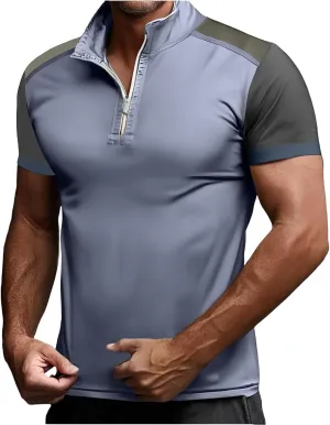 Mens Color Block Polo Shirts Zipper Neck Short Sleeve Casual Slim Fit Tennis Golf Tops Summer Muscle Athletic T Shirt