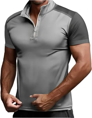 Mens Color Block Polo Shirts Zipper Neck Short Sleeve Casual Slim Fit Tennis Golf Tops Summer Muscle Athletic T Shirt