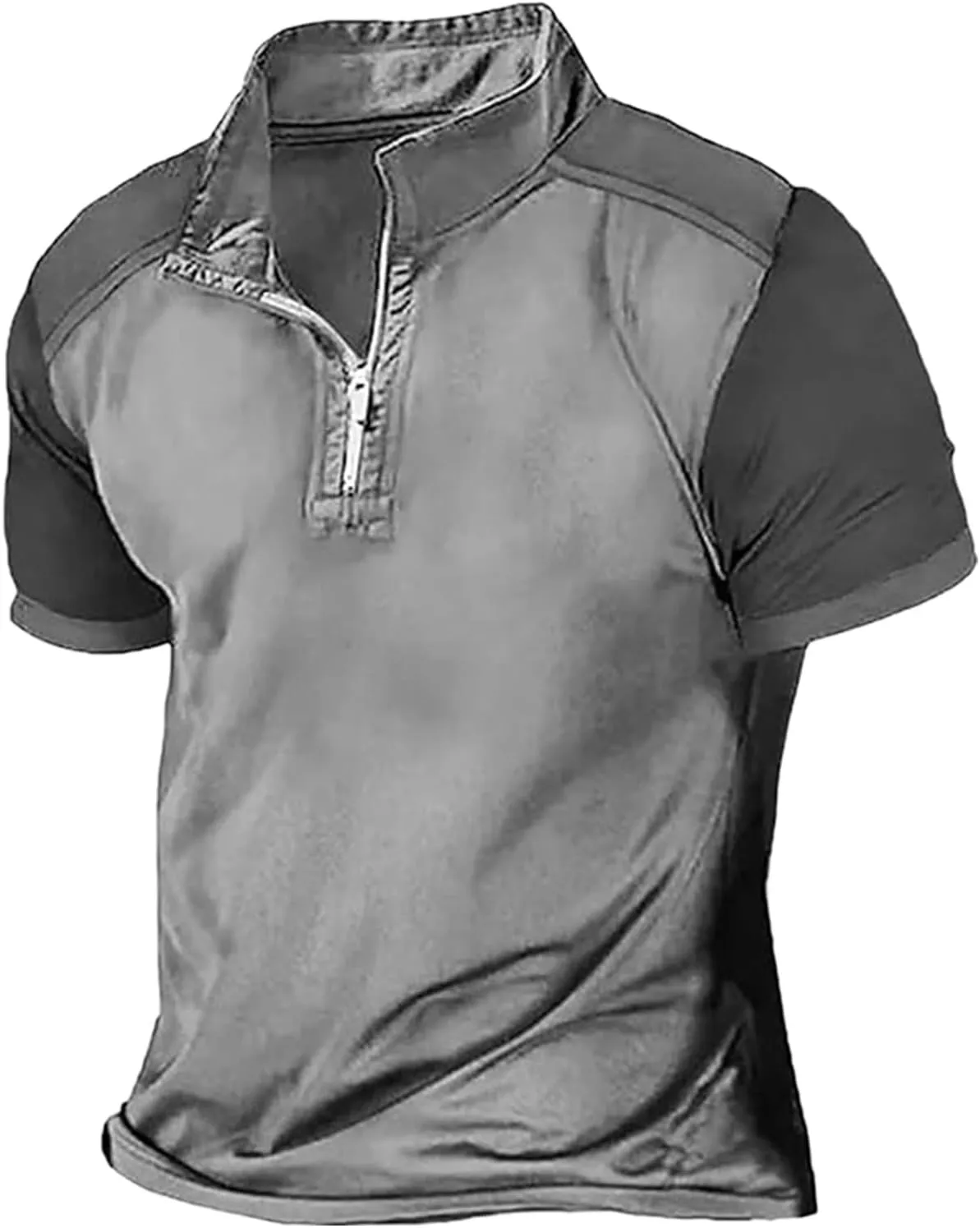 Mens Color Block Polo Shirts Zipper Neck Short Sleeve Casual Slim Fit Tennis Golf Tops Summer Muscle Athletic T Shirt