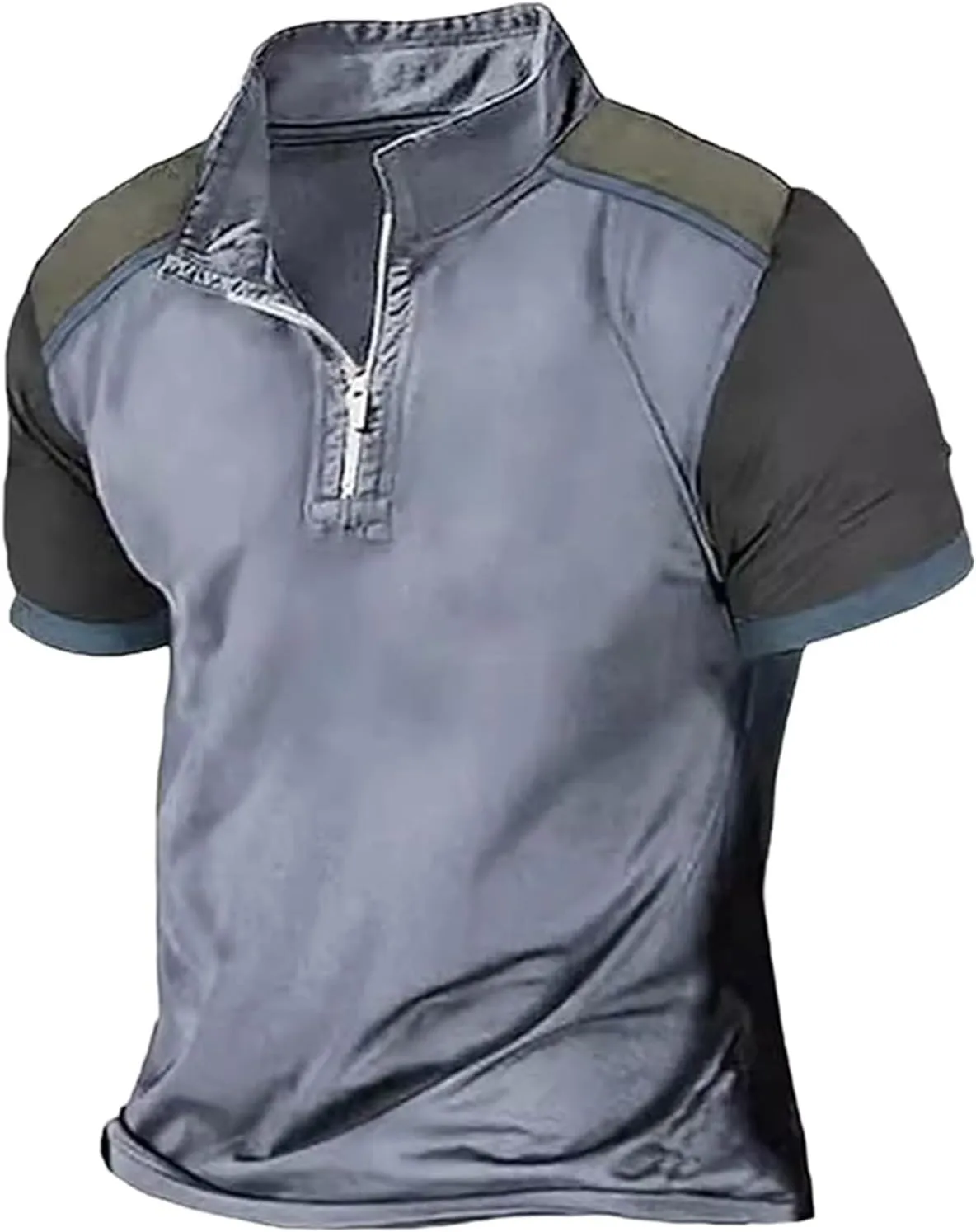 Mens Color Block Polo Shirts Zipper Neck Short Sleeve Casual Slim Fit Tennis Golf Tops Summer Muscle Athletic T Shirt