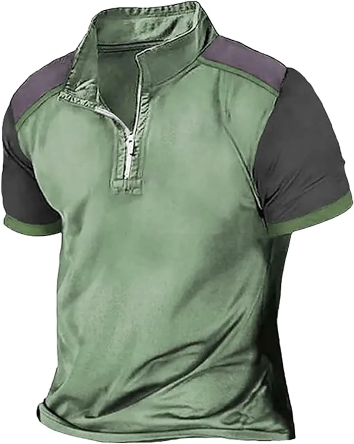 Mens Color Block Polo Shirts Zipper Neck Short Sleeve Casual Slim Fit Tennis Golf Tops Summer Muscle Athletic T Shirt