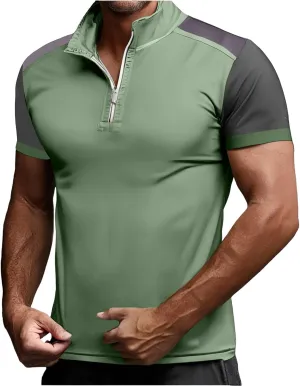 Mens Color Block Polo Shirts Zipper Neck Short Sleeve Casual Slim Fit Tennis Golf Tops Summer Muscle Athletic T Shirt
