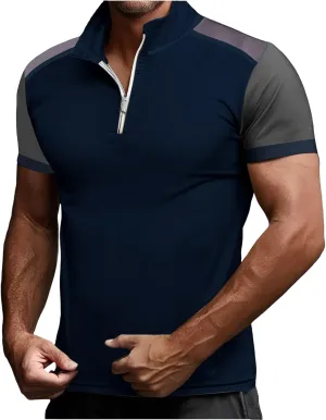 Mens Color Block Polo Shirts Zipper Neck Short Sleeve Casual Slim Fit Tennis Golf Tops Summer Muscle Athletic T Shirt