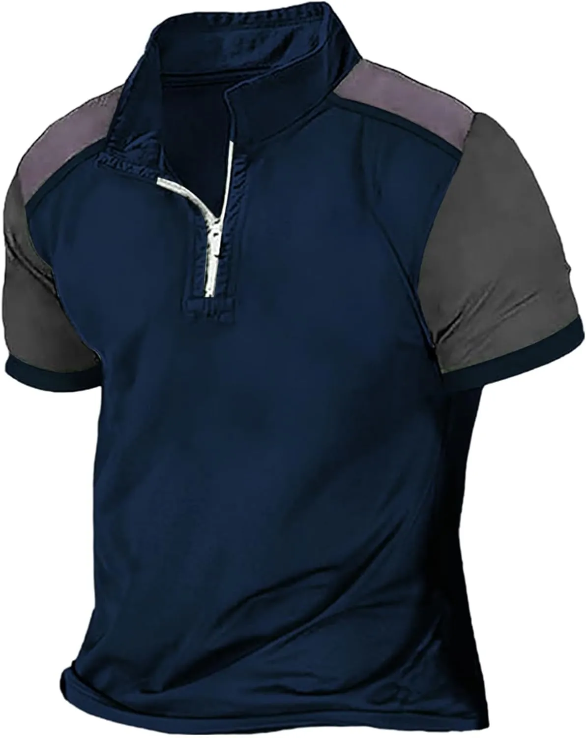 Mens Color Block Polo Shirts Zipper Neck Short Sleeve Casual Slim Fit Tennis Golf Tops Summer Muscle Athletic T Shirt
