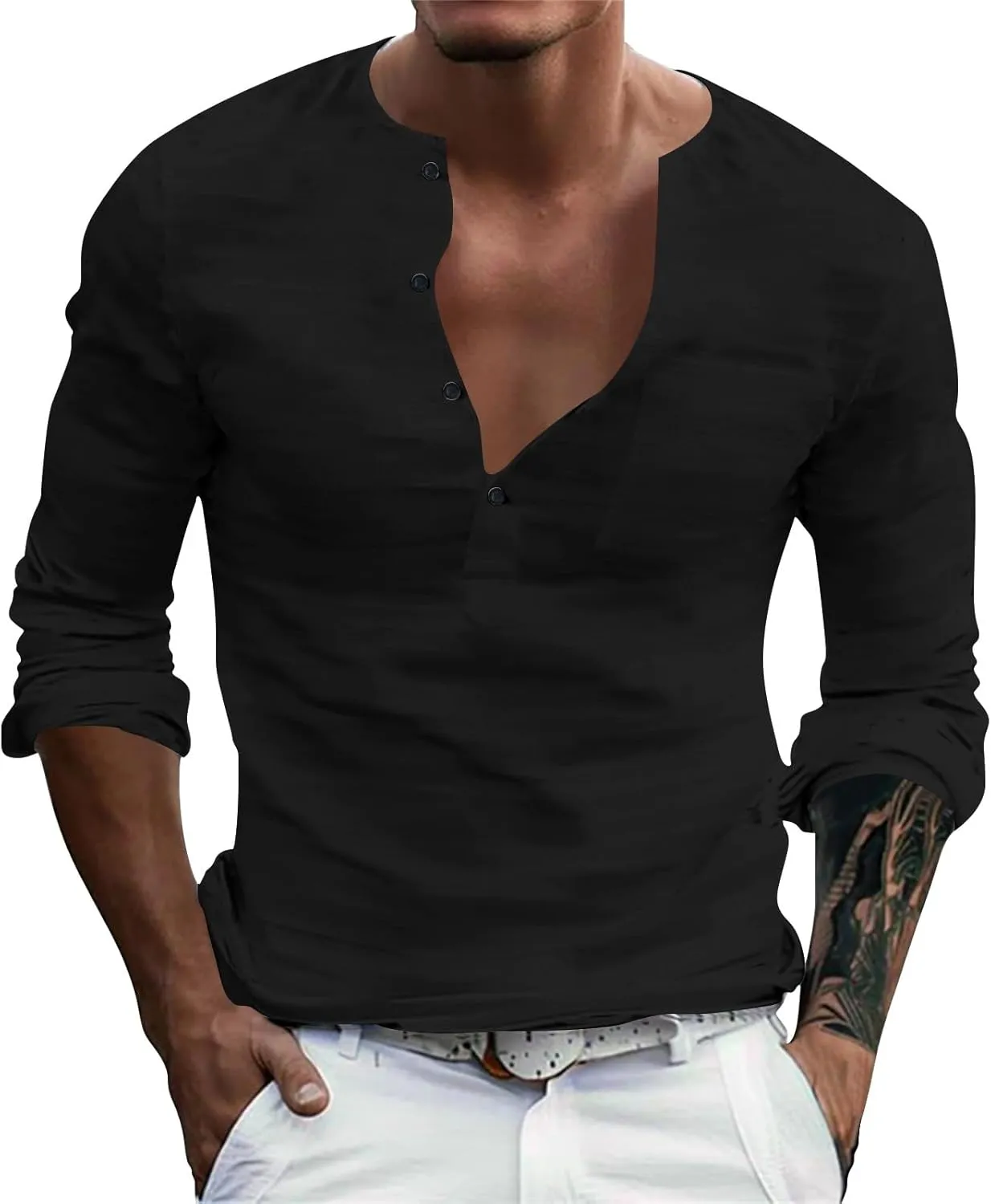 Men's Cotton Linen Henley T-Shirts Roll Up Long Sleeve Hippie Casual Beach Blouse Button Down Fashion Vacation Tops