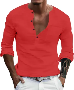 Men's Cotton Linen Henley T-Shirts Roll Up Long Sleeve Hippie Casual Beach Blouse Button Down Fashion Vacation Tops