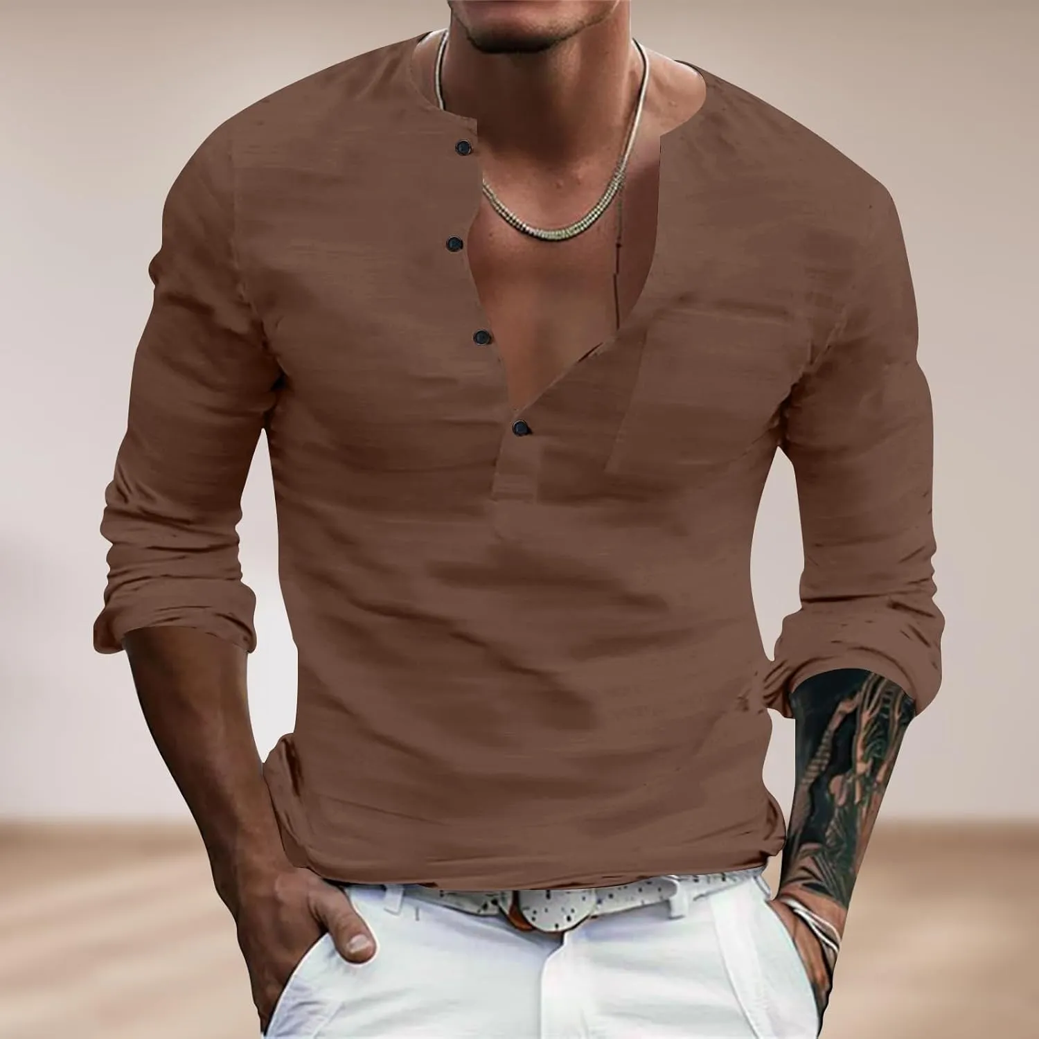 Men's Cotton Linen Henley T-Shirts Roll Up Long Sleeve Hippie Casual Beach Blouse Button Down Fashion Vacation Tops