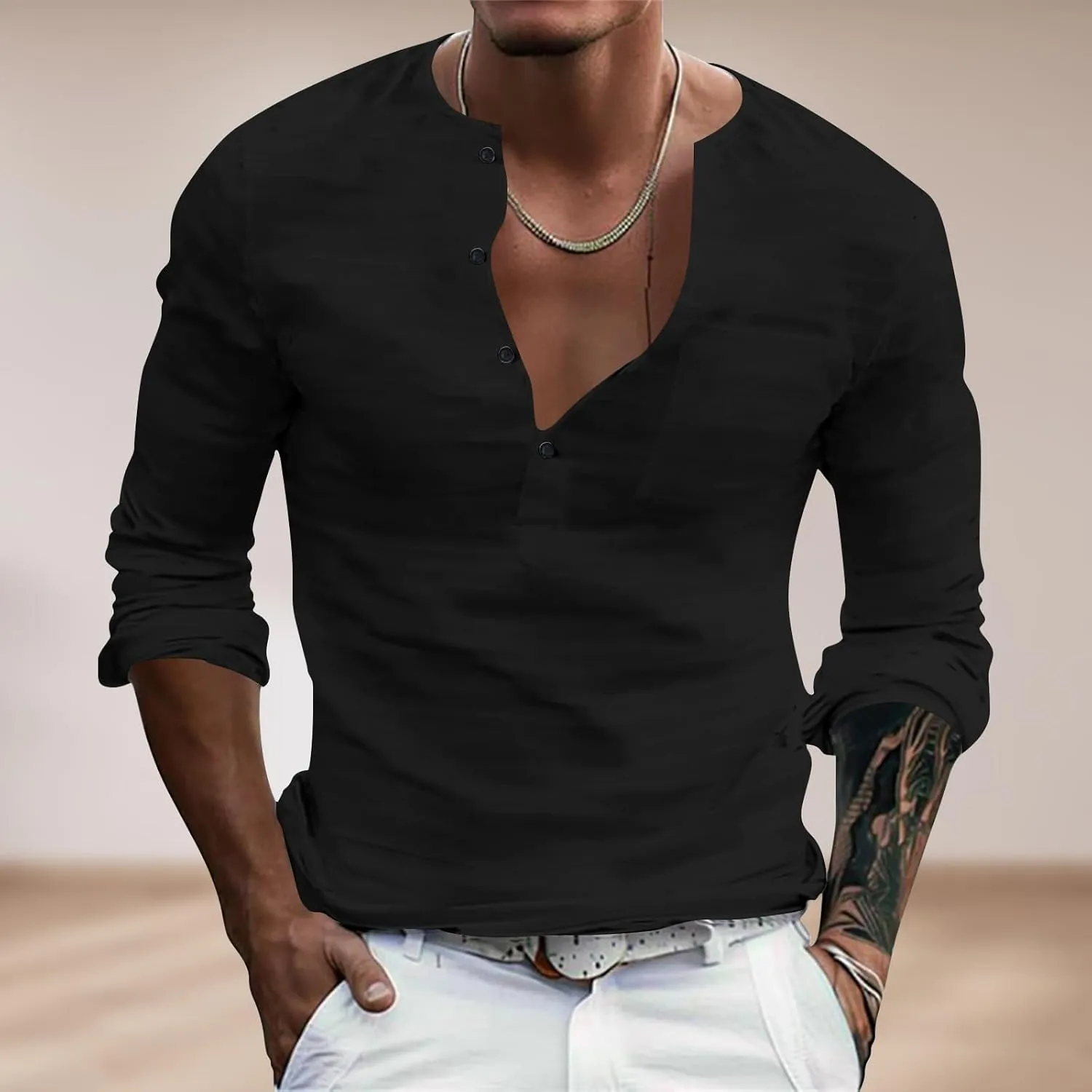 Men's Cotton Linen Henley T-Shirts Roll Up Long Sleeve Hippie Casual Beach Blouse Button Down Fashion Vacation Tops