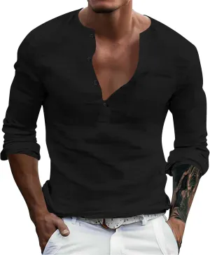 Men's Cotton Linen Henley T-Shirts Roll Up Long Sleeve Hippie Casual Beach Blouse Button Down Fashion Vacation Tops