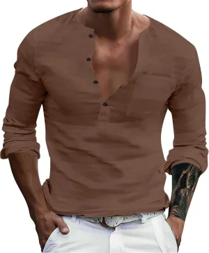 Men's Cotton Linen Henley T-Shirts Roll Up Long Sleeve Hippie Casual Beach Blouse Button Down Fashion Vacation Tops