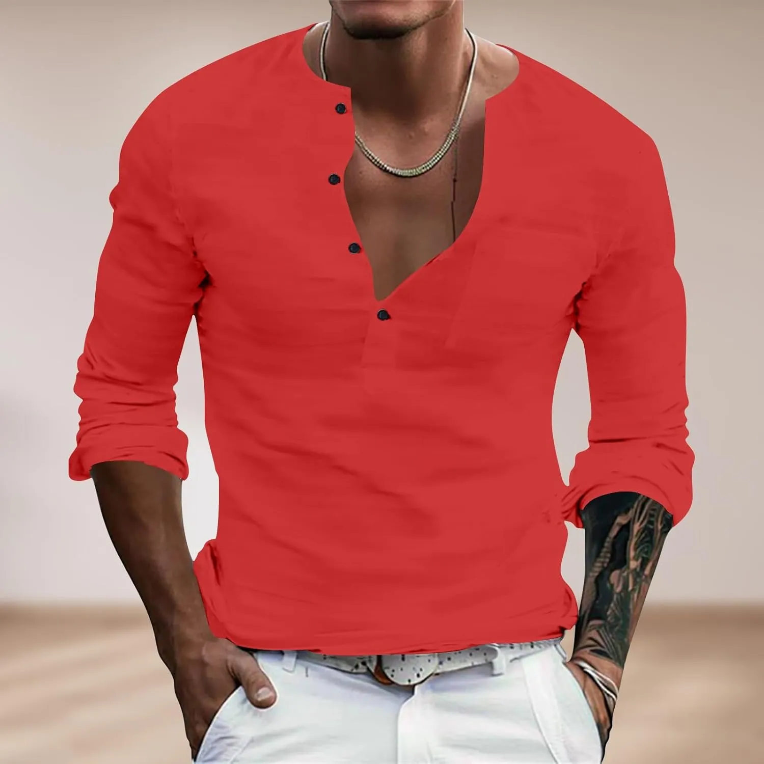 Men's Cotton Linen Henley T-Shirts Roll Up Long Sleeve Hippie Casual Beach Blouse Button Down Fashion Vacation Tops
