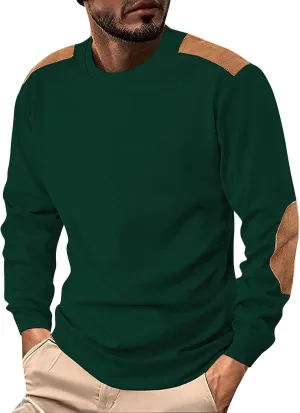 Men's Creeneck Long Sleeve Shirt Casual Loose Color Block Regular Fit Base T Shirts Fashion Athletic Pullover Sweater