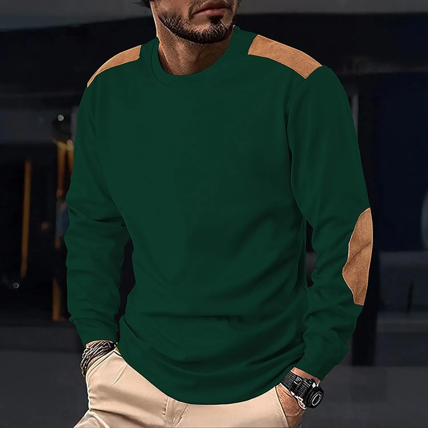 Men's Creeneck Long Sleeve Shirt Casual Loose Color Block Regular Fit Base T Shirts Fashion Athletic Pullover Sweater