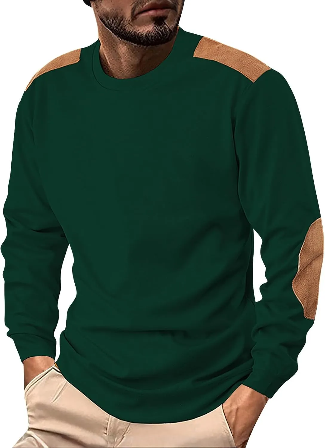Men's Creeneck Long Sleeve Shirt Casual Loose Color Block Regular Fit Base T Shirts Fashion Athletic Pullover Sweater