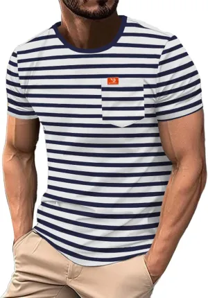 Men's Crew Neck Hipster T Shirt Short Sleeve Color Block Stripe Tee Top Casual Stylish Fitted Summer Beach T Shirts