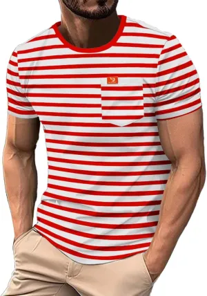 Men's Crew Neck Hipster T Shirt Short Sleeve Color Block Stripe Tee Top Casual Stylish Fitted Summer Beach T Shirts