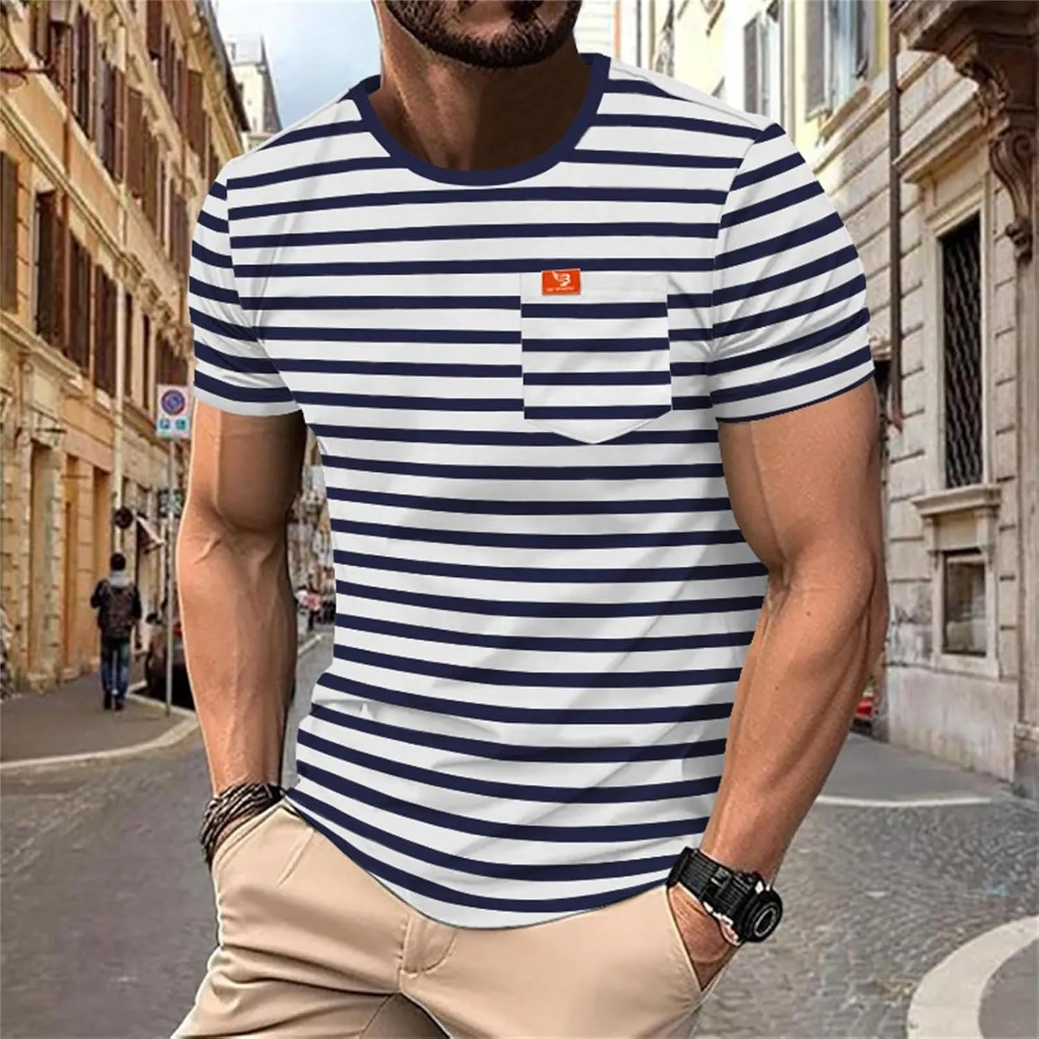 Men's Crew Neck Hipster T Shirt Short Sleeve Color Block Stripe Tee Top Casual Stylish Fitted Summer Beach T Shirts
