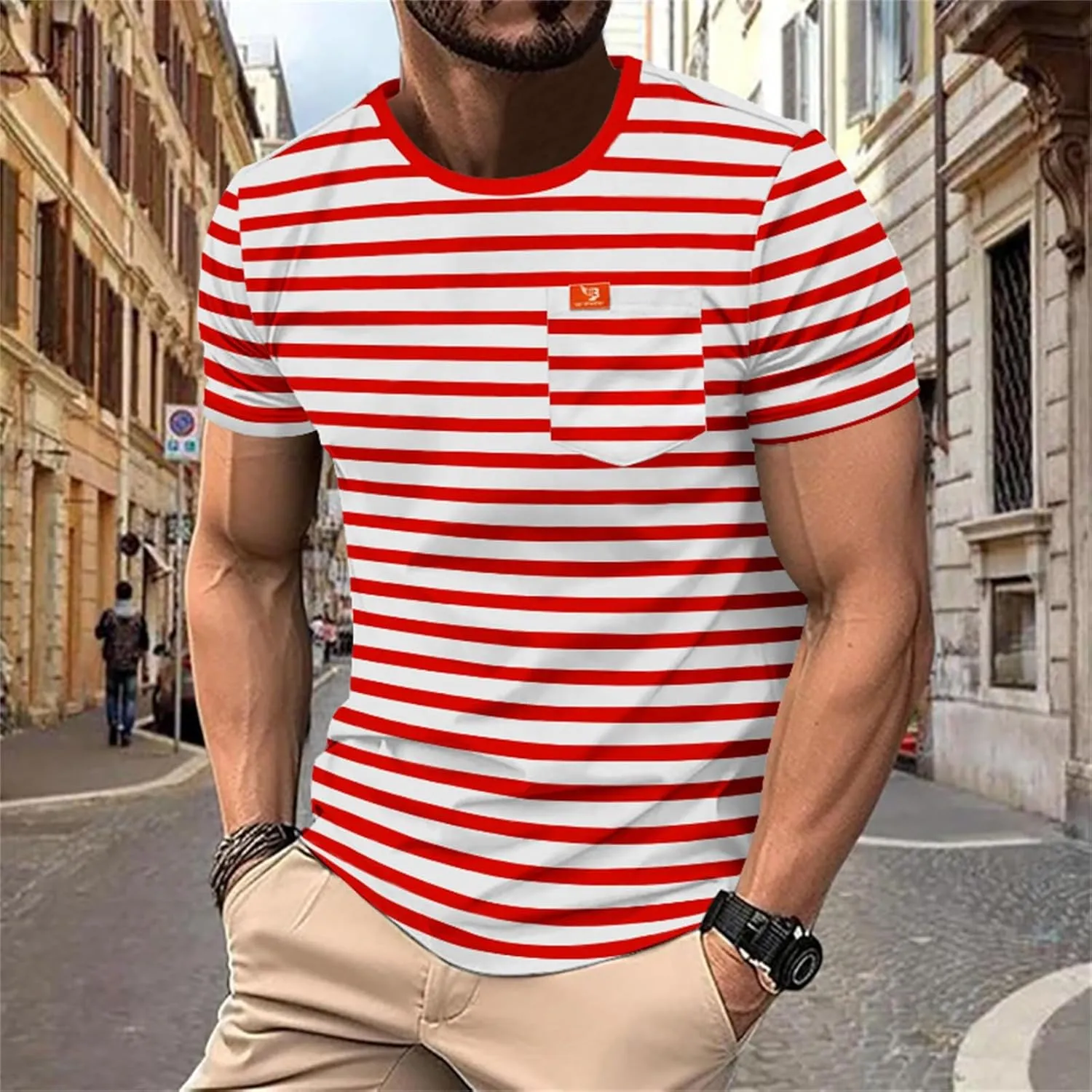 Men's Crew Neck Hipster T Shirt Short Sleeve Color Block Stripe Tee Top Casual Stylish Fitted Summer Beach T Shirts