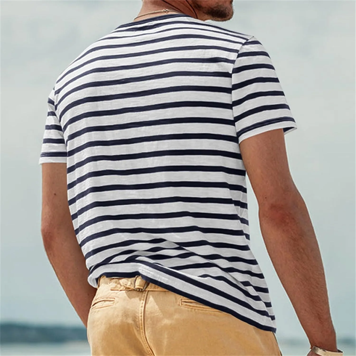 Men's Crew Neck Hipster T Shirt Short Sleeve Color Block Stripe Tee Top Casual Stylish Fitted Summer Beach T Shirts