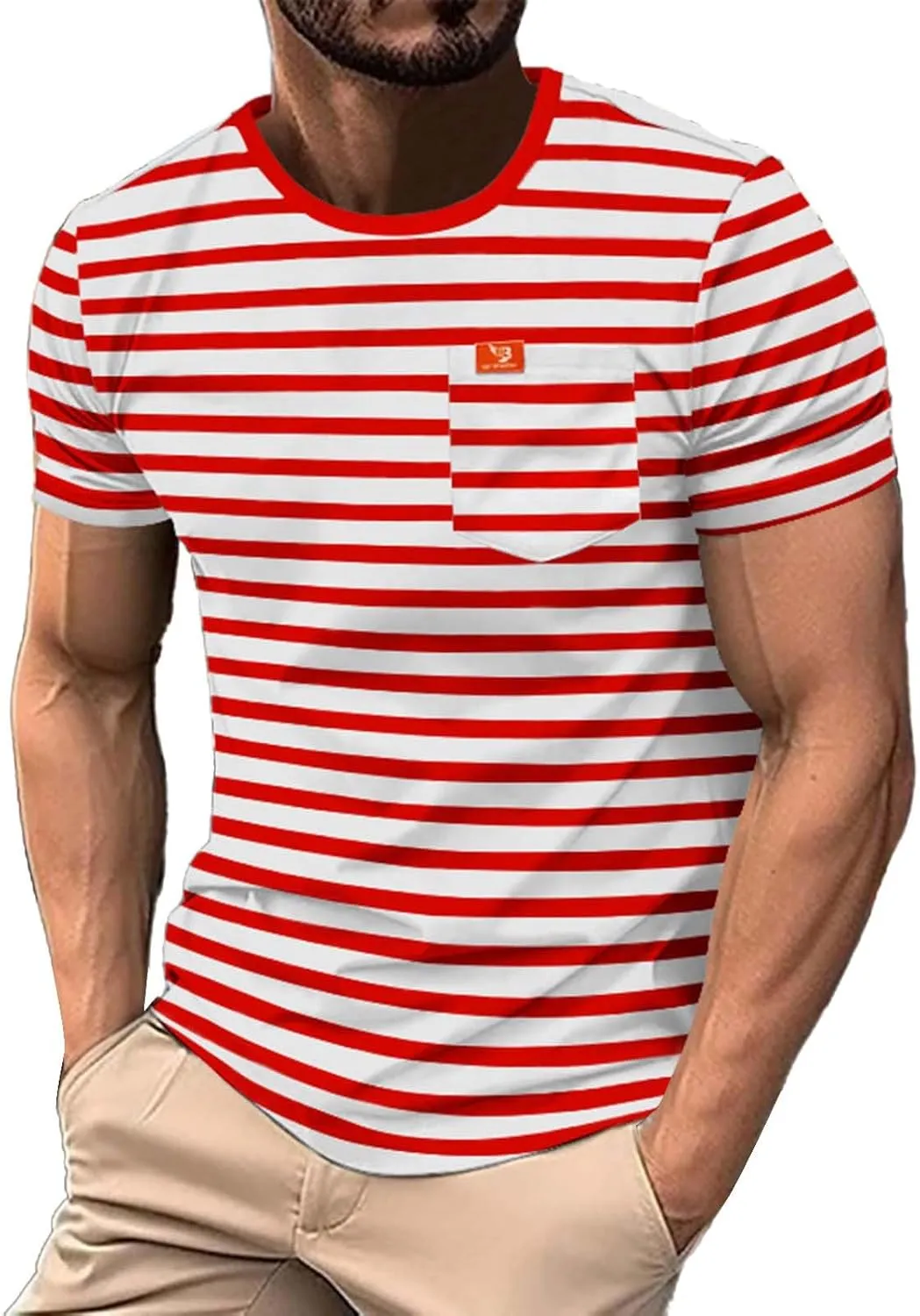 Men's Crew Neck Hipster T Shirt Short Sleeve Color Block Stripe Tee Top Casual Stylish Fitted Summer Beach T Shirts