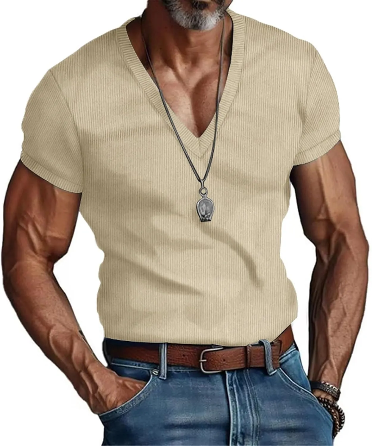 Men's Deep V Neck Muscle T Shirts Summer Ribbed Stretch Gym Workout Tee Shirt Casual Short Sleeve Low Cut Knit Tops
