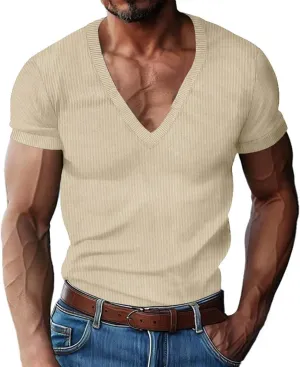 Men's Deep V Neck Muscle T Shirts Summer Ribbed Stretch Gym Workout Tee Shirt Casual Short Sleeve Low Cut Knit Tops