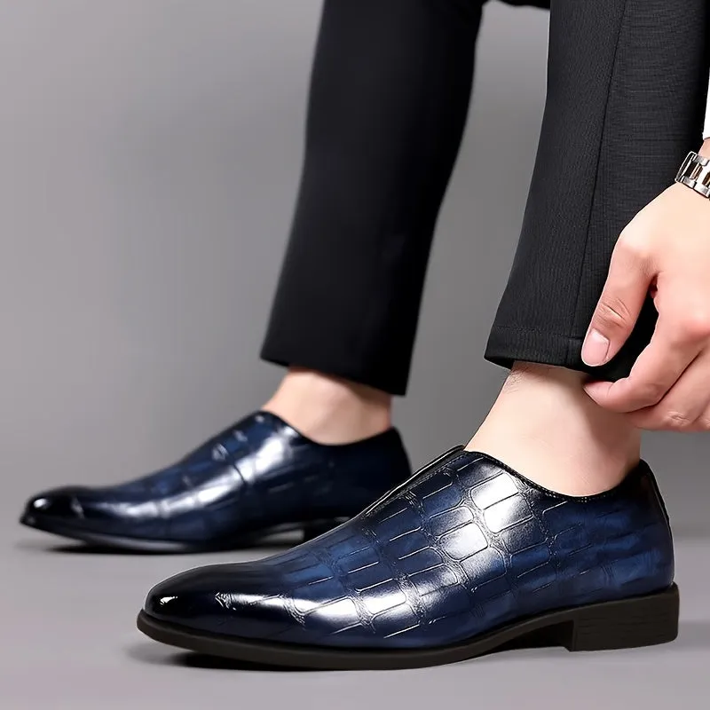 Men's Elegant Gradient Slip-On Loafers - Crocodile Texture, Low-Top Design with Rubber Sole for Comfort | Versatile Business & Casual Style | Brown, Square Toe, Glossy Finish, Side Zipper Detail, Business Casual Footwear | Gl