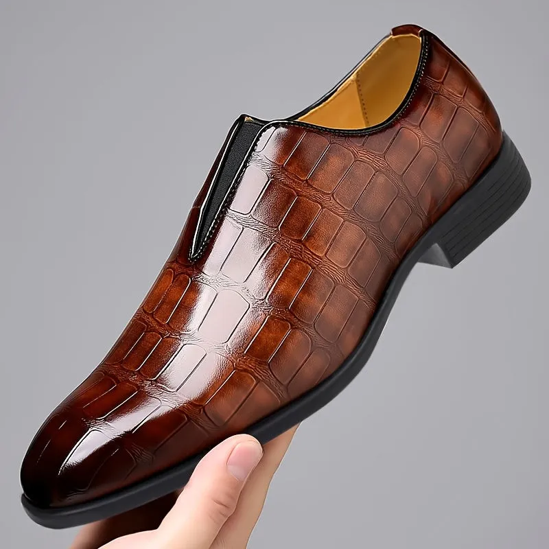 Men's Elegant Gradient Slip-On Loafers - Crocodile Texture, Low-Top Design with Rubber Sole for Comfort | Versatile Business & Casual Style | Brown, Square Toe, Glossy Finish, Side Zipper Detail, Business Casual Footwear | Gl